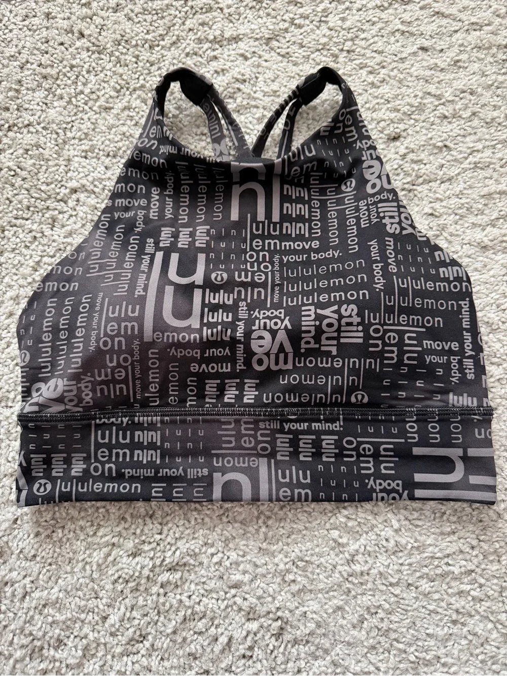 Lululemon Energy Longline Bra Logo Word Print Black Gray Size 6 Rare